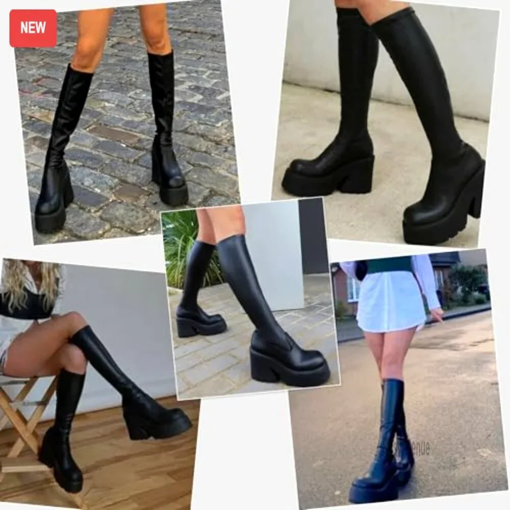 Women's Knee High Platform Boots with Chunky Heel, Zipper & Elastic Leather - Picture 6 of 7